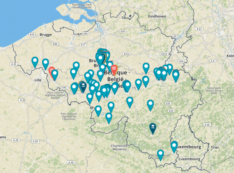 La carte reprenant les établissements d’enseignement supérieur en Fédération Wallonie-Bruxelles ainsi que leur campus